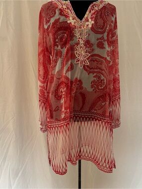 Raj 100% Silk Beaded Paisley Tunic Cover-up XL Boho Luxe Resort Beach Goddess